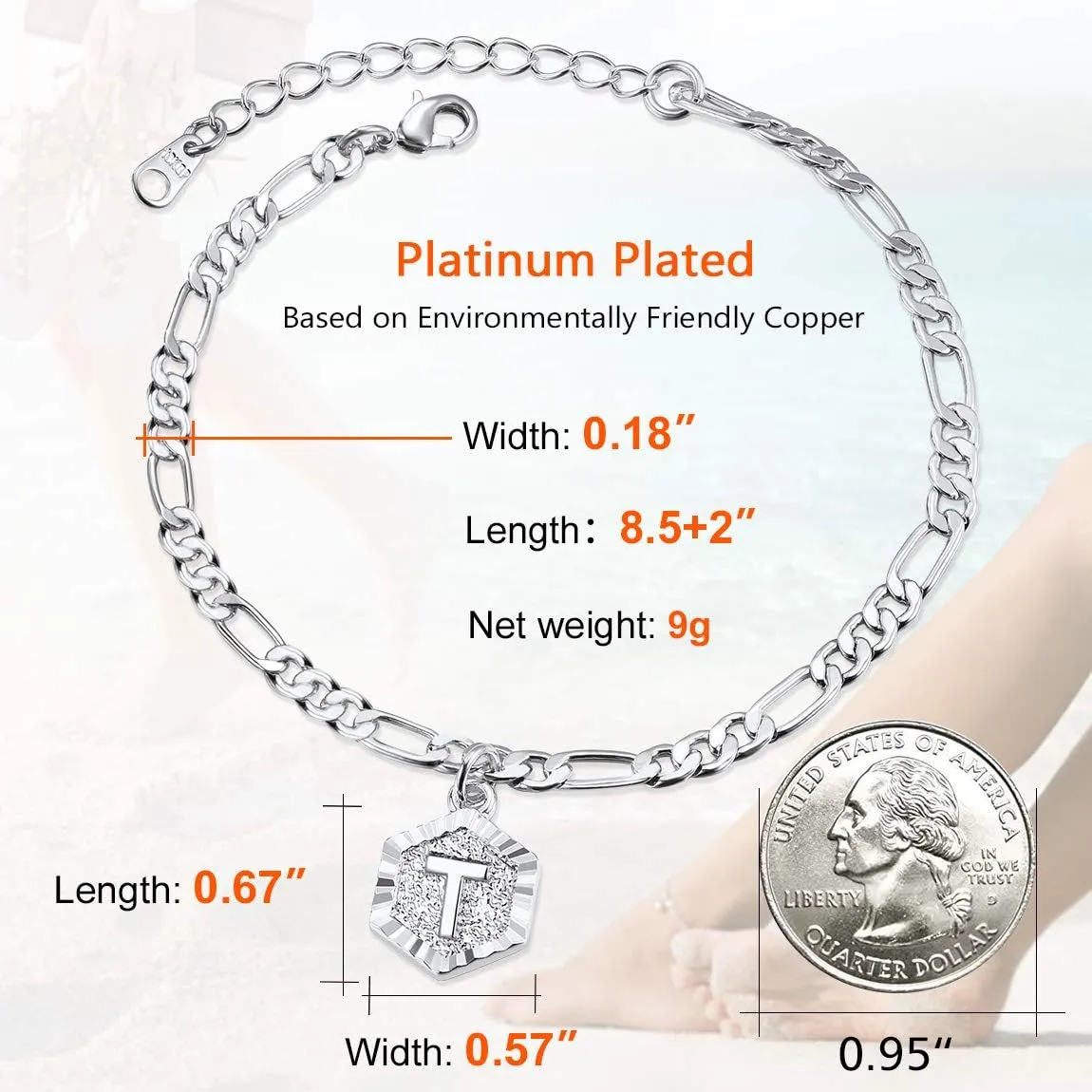 ChainsPro Women A-Z Initial Ankle Bracelet, with Figaro Foot Chain, Friendship Anklets, 18K Gold Plated/Silver Color/Rose Gold-Adjustable (Send Gift Box)