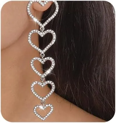 Chargances Boho Long Heart Crystal Dangle Earrings Dainty Sparkling Full Clear Rhinestone Drop Dangle Earrings Fashion Stud Jewelry for Women Gift Party
