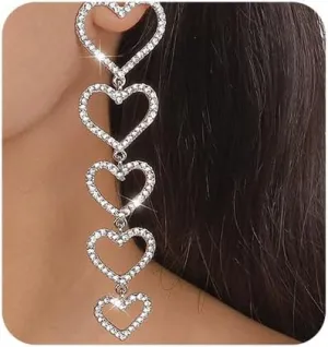 Chargances Boho Long Heart Crystal Dangle Earrings Dainty Sparkling Full Clear Rhinestone Drop Dangle Earrings Fashion Stud Jewelry for Women Gift Party