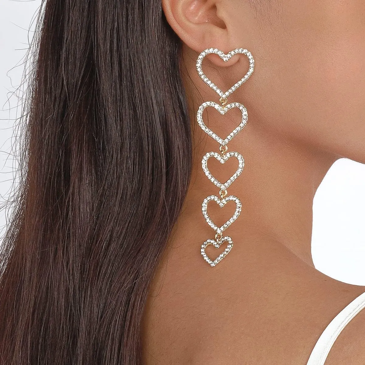 Chargances Boho Long Heart Crystal Dangle Earrings Dainty Sparkling Full Clear Rhinestone Drop Dangle Earrings Fashion Stud Jewelry for Women Gift Party
