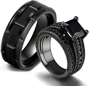 Charm Couple Rings - Romantic Women Black Rhinestones Zirconia Rings Set Simple Mens Stainless Steel Ring Wedding Party Jewelry
