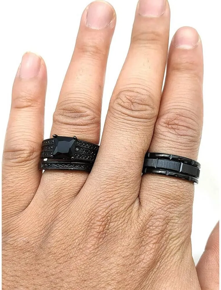 Charm Couple Rings - Romantic Women Black Rhinestones Zirconia Rings Set Simple Mens Stainless Steel Ring Wedding Party Jewelry