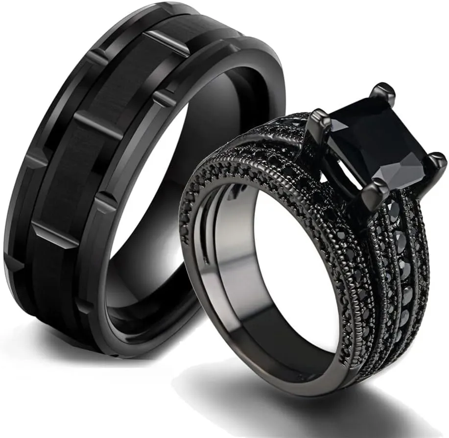 Charm Couple Rings - Romantic Women Black Rhinestones Zirconia Rings Set Simple Mens Stainless Steel Ring Wedding Party Jewelry