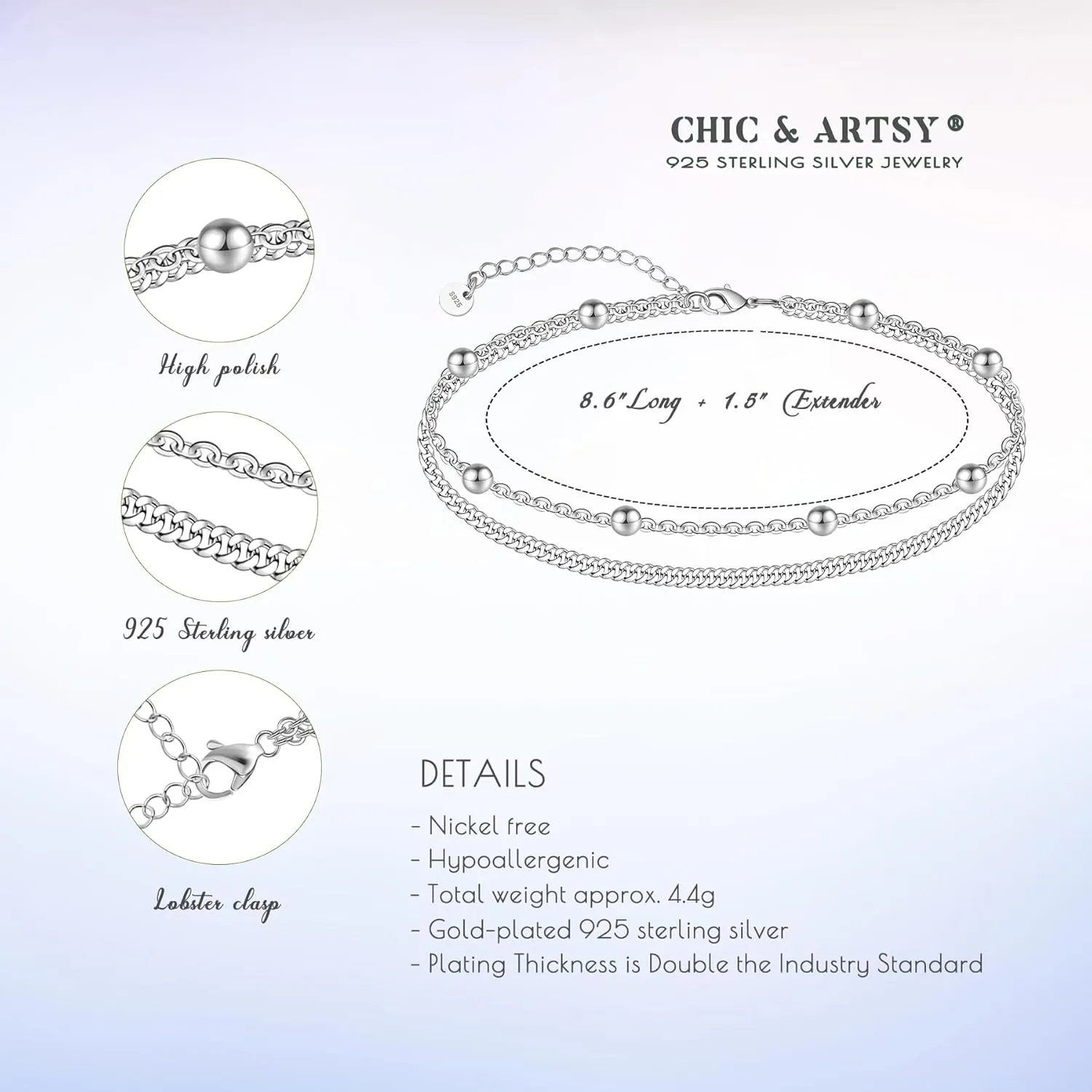 CHIC & ARTSY 925 Sterling Silver Ankle Bracelet Multilayer Anklets for Women Satellite, Star, Cross, Circle, Butterfly, Teardrop, Oval Disk Layered Anklet Beach Jewelry