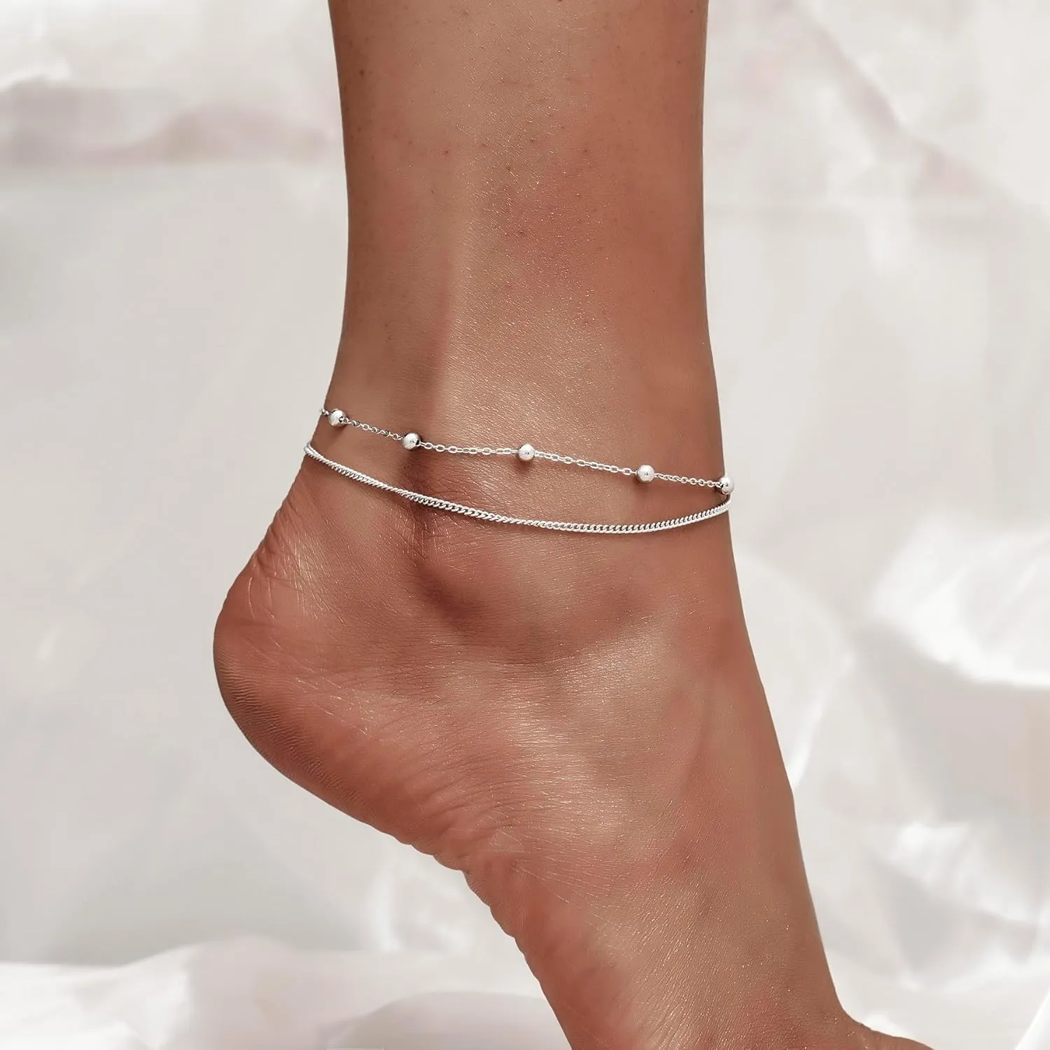 CHIC & ARTSY 925 Sterling Silver Ankle Bracelet Multilayer Anklets for Women Satellite, Star, Cross, Circle, Butterfly, Teardrop, Oval Disk Layered Anklet Beach Jewelry