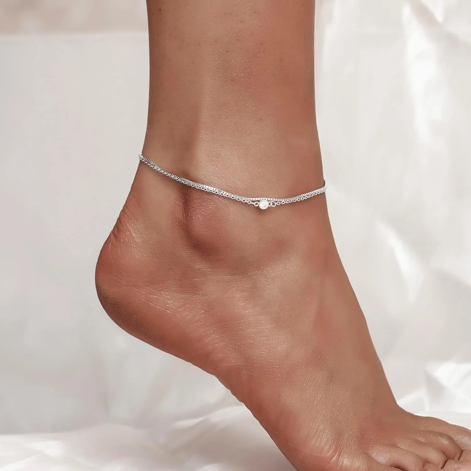 CHIC & ARTSY 925 Sterling Silver Ankle Bracelet Multilayer Anklets for Women Satellite, Star, Cross, Circle, Butterfly, Teardrop, Oval Disk Layered Anklet Beach Jewelry