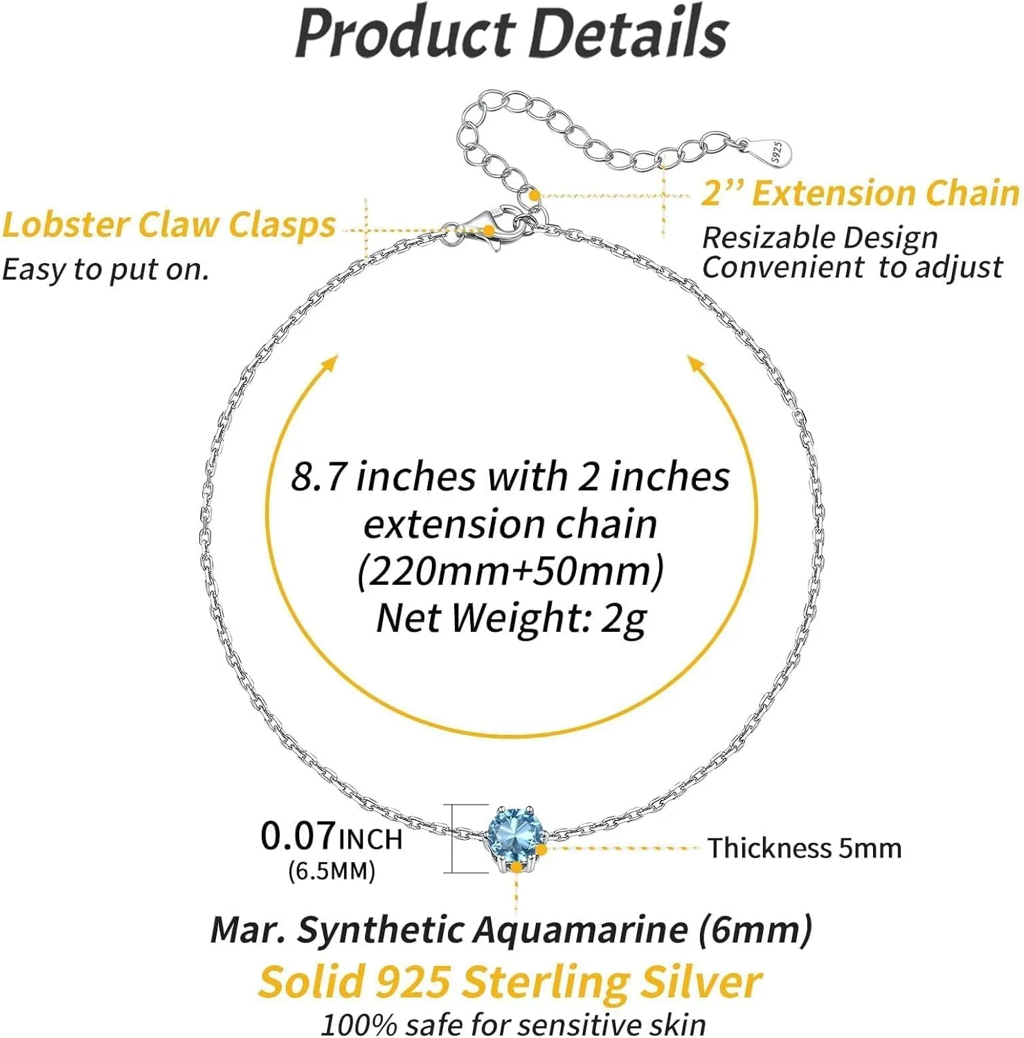ChicSilver 925 Sterling Silver Anklets for Women, Simple Dainty Round/Heart Birthstone Ankle Bracelet Beach Foot Jewelry, 8.7-10.7 Inch Adjustable