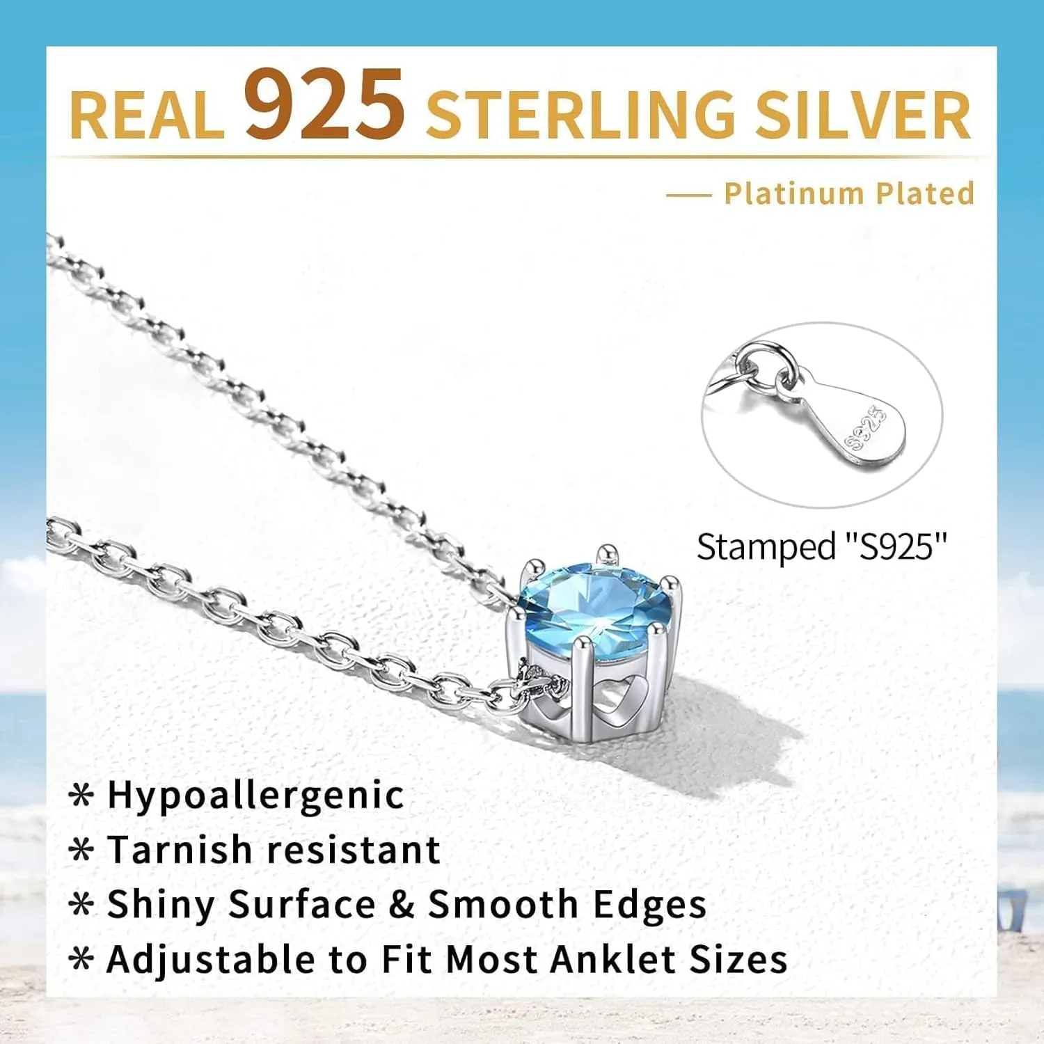ChicSilver 925 Sterling Silver Anklets for Women, Simple Dainty Round/Heart Birthstone Ankle Bracelet Beach Foot Jewelry, 8.7-10.7 Inch Adjustable