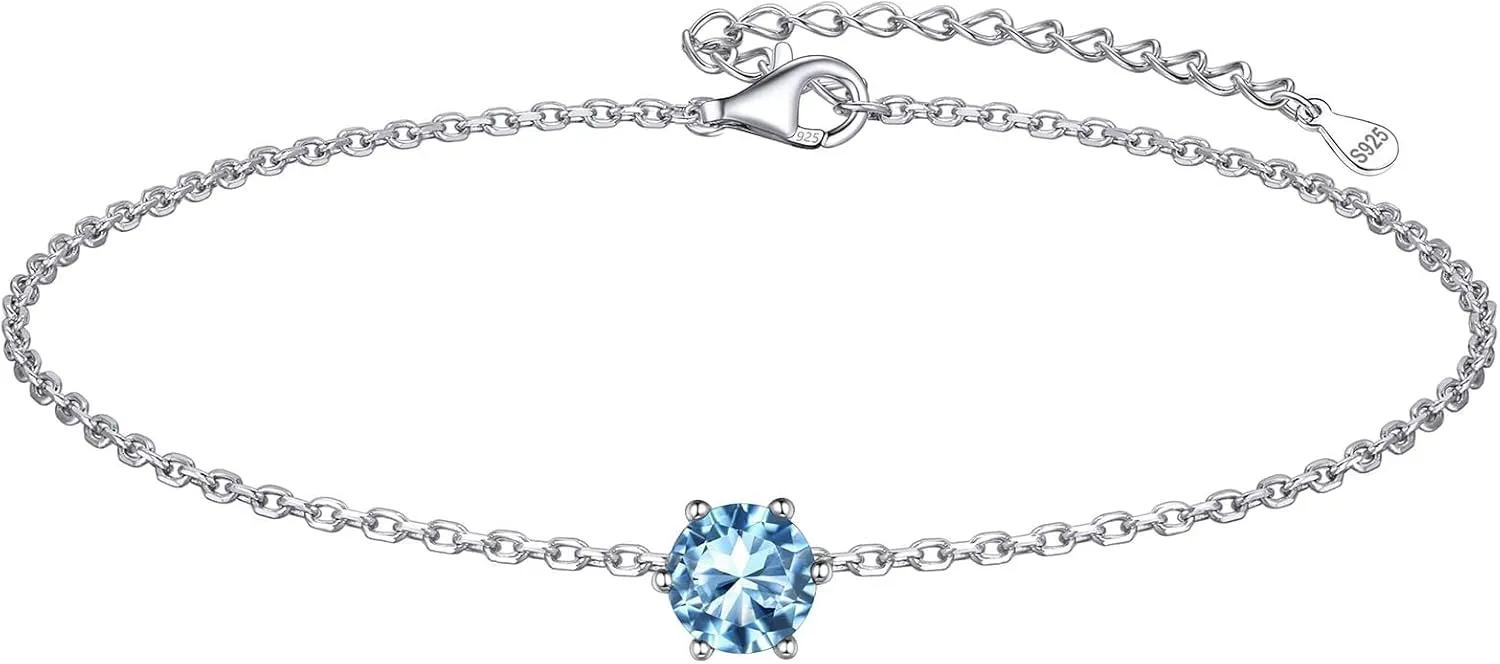 ChicSilver 925 Sterling Silver Anklets for Women, Simple Dainty Round/Heart Birthstone Ankle Bracelet Beach Foot Jewelry, 8.7-10.7 Inch Adjustable