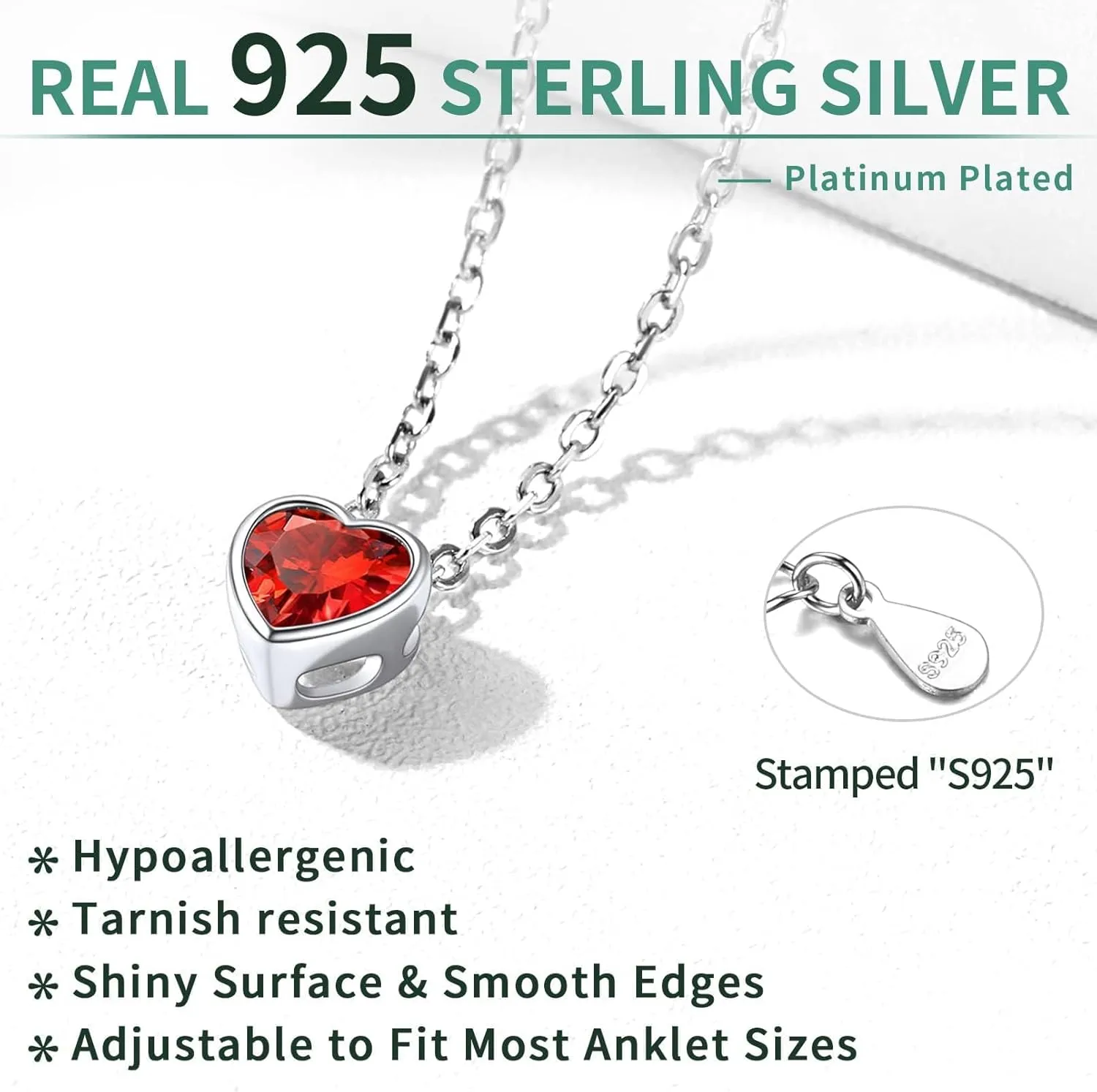 ChicSilver 925 Sterling Silver Anklets for Women, Simple Dainty Round/Heart Birthstone Ankle Bracelet Beach Foot Jewelry, 8.7-10.7 Inch Adjustable