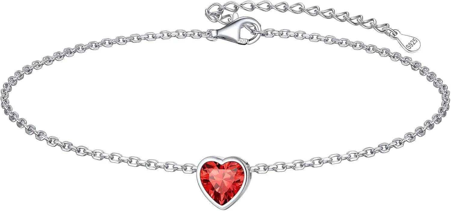 ChicSilver 925 Sterling Silver Anklets for Women, Simple Dainty Round/Heart Birthstone Ankle Bracelet Beach Foot Jewelry, 8.7-10.7 Inch Adjustable