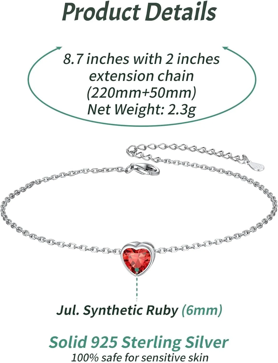 ChicSilver 925 Sterling Silver Anklets for Women, Simple Dainty Round/Heart Birthstone Ankle Bracelet Beach Foot Jewelry, 8.7-10.7 Inch Adjustable