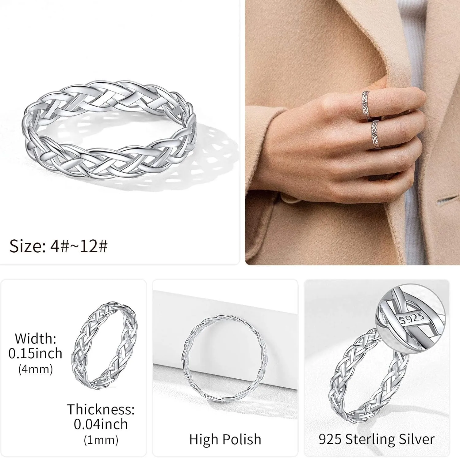 ChicSilver 925 Sterling Silver Celtic Knot Eternity Wedding Band for Women, 4 mm Wide, Size 4-12 (with Gift Box)