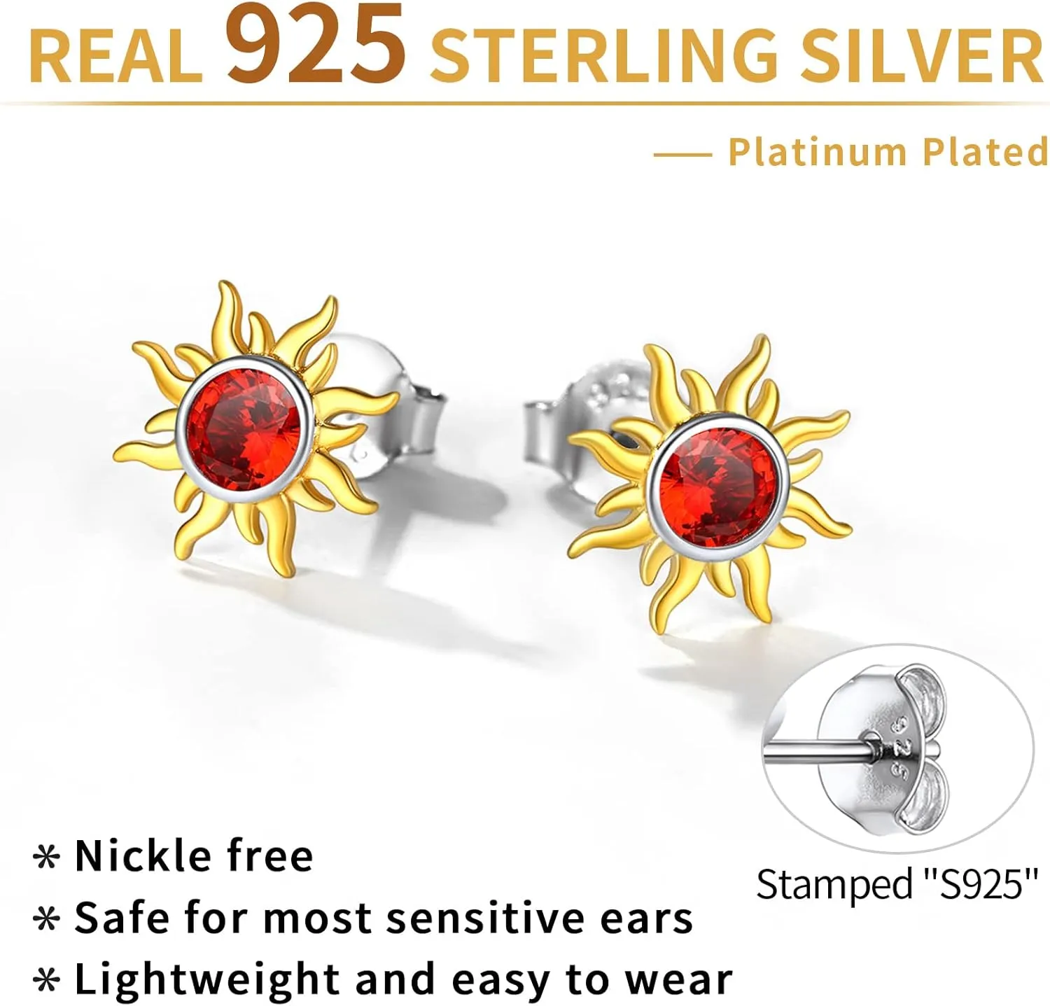 ChicSilver 925 Sterling Silver Dainty Small Round Birthstone Sun Stud Earrings for Women Teen Girls (with Gift Box)