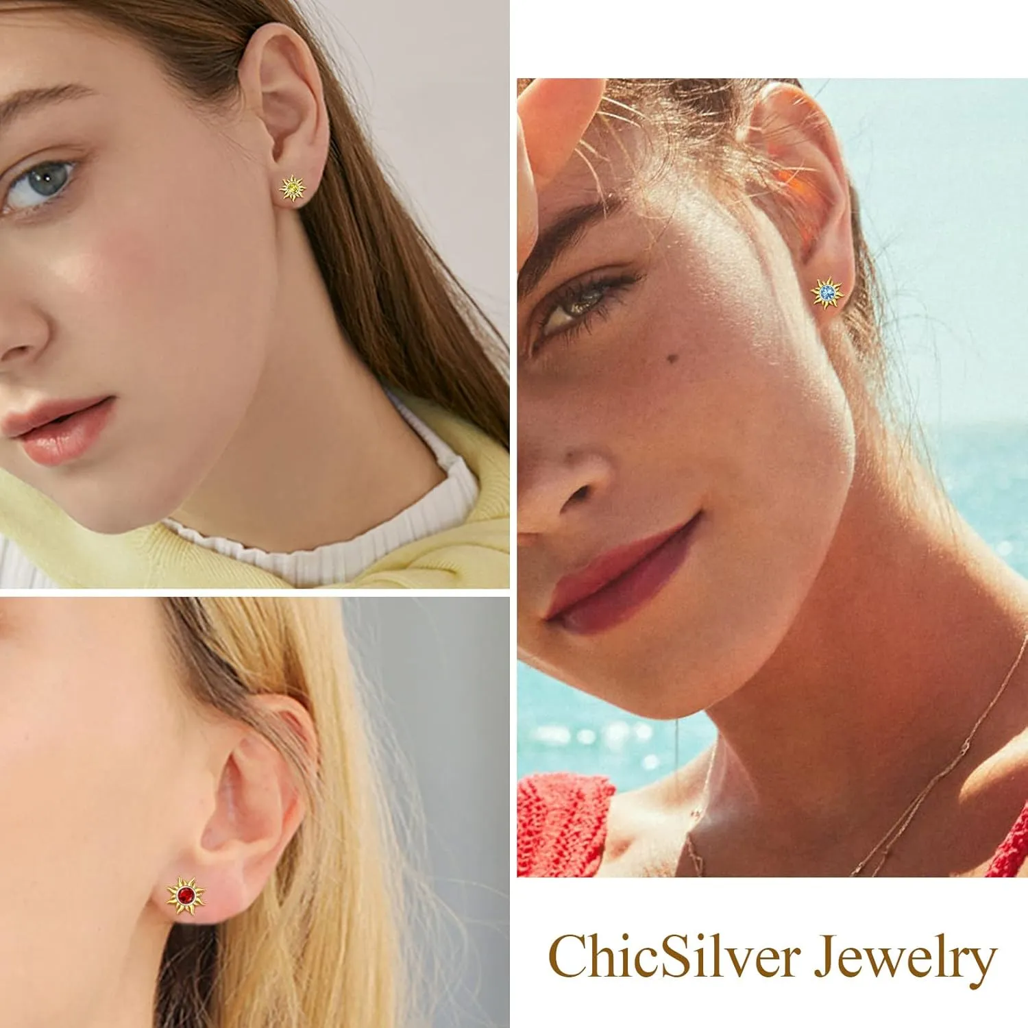 ChicSilver 925 Sterling Silver Dainty Small Round Birthstone Sun Stud Earrings for Women Teen Girls (with Gift Box)