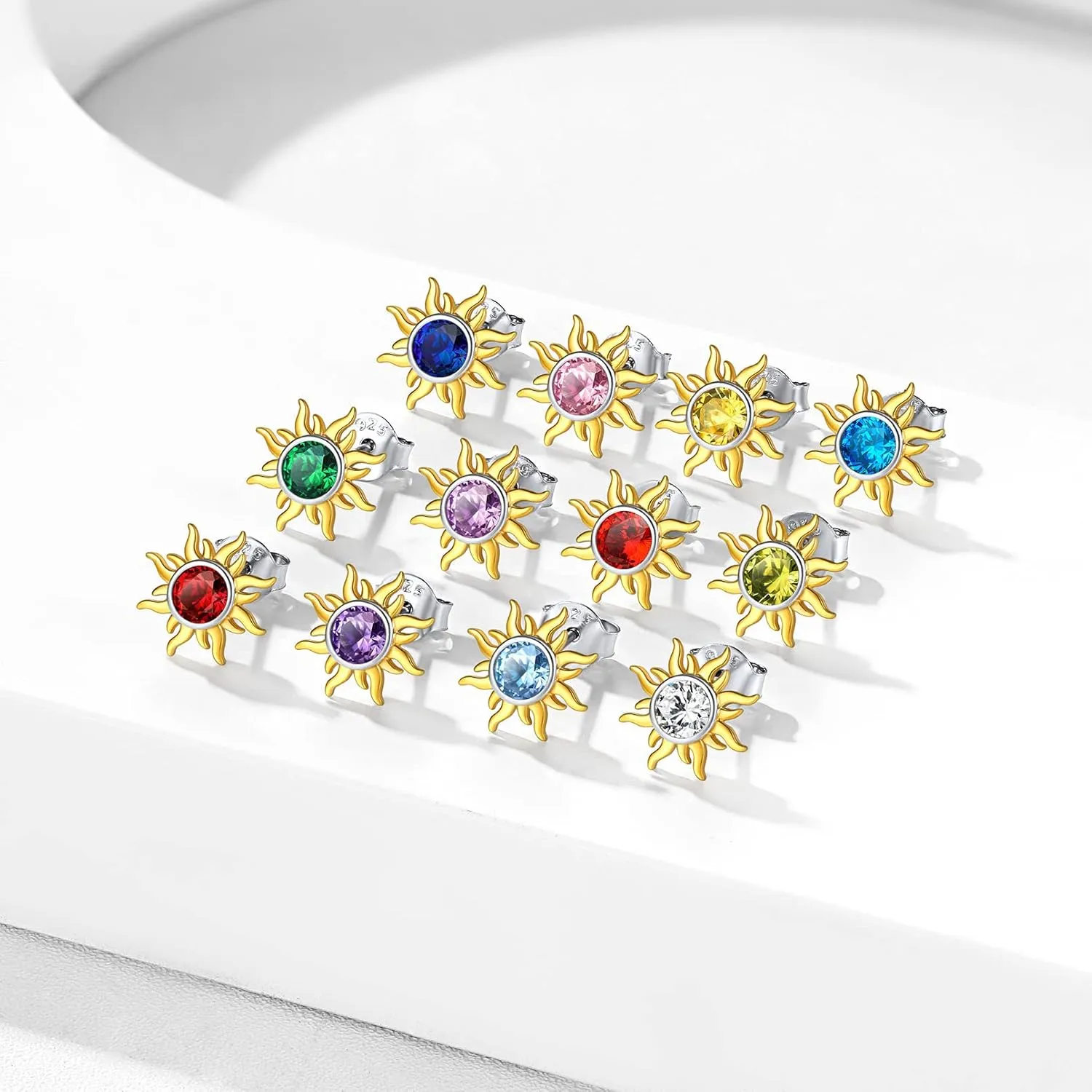 ChicSilver 925 Sterling Silver Dainty Small Round Birthstone Sun Stud Earrings for Women Teen Girls (with Gift Box)