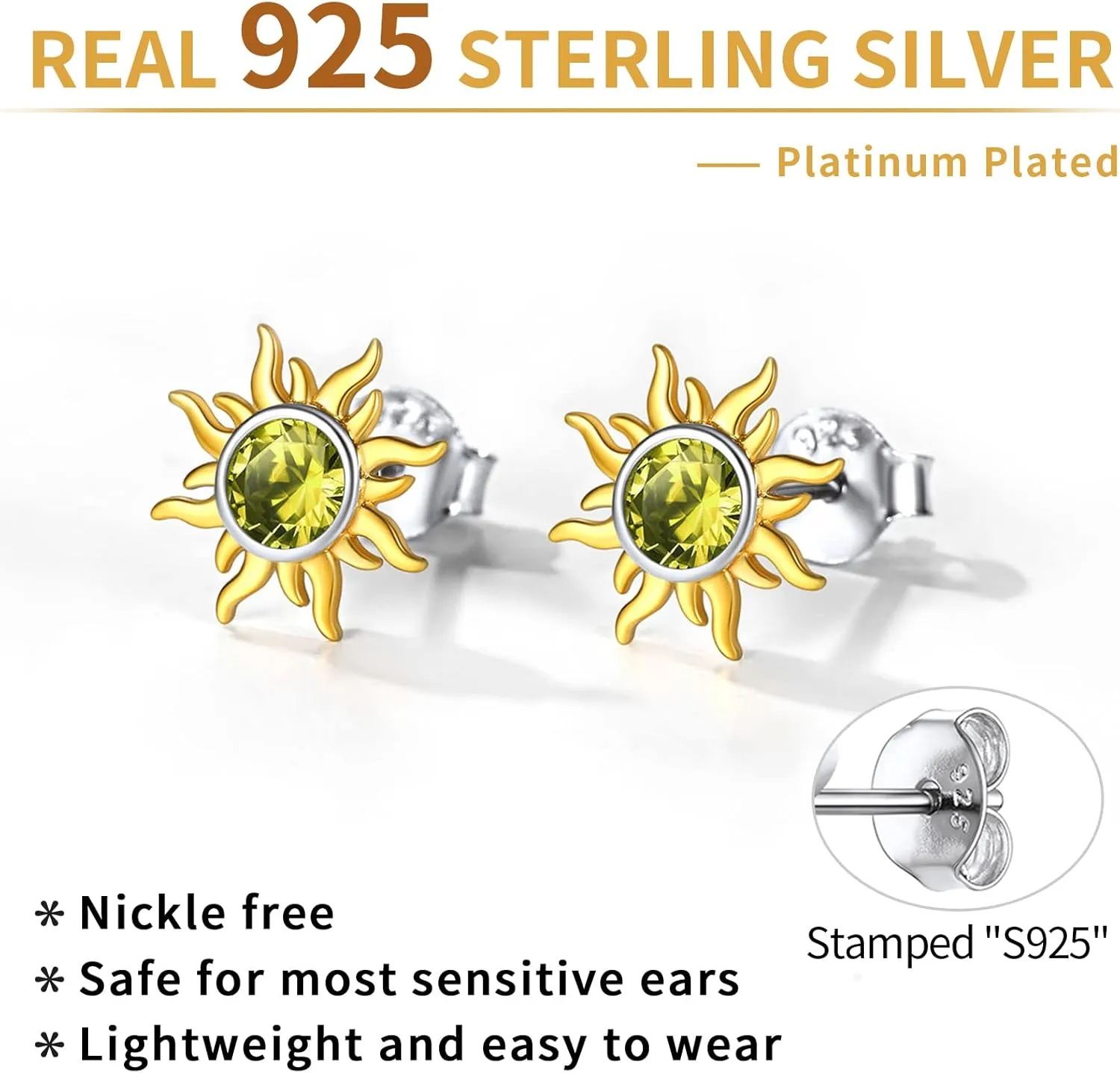 ChicSilver 925 Sterling Silver Dainty Small Round Birthstone Sun Stud Earrings for Women Teen Girls (with Gift Box)