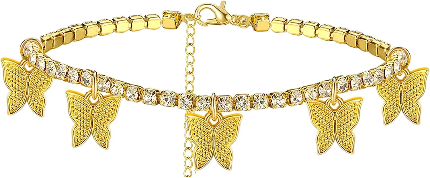 choice of all Butterfly Anklet Bracelet Boho Beach Charms Tennis Anklets Adjustable Summer Foot Chain Jewelry for Womens (Gold butterfly anklet)