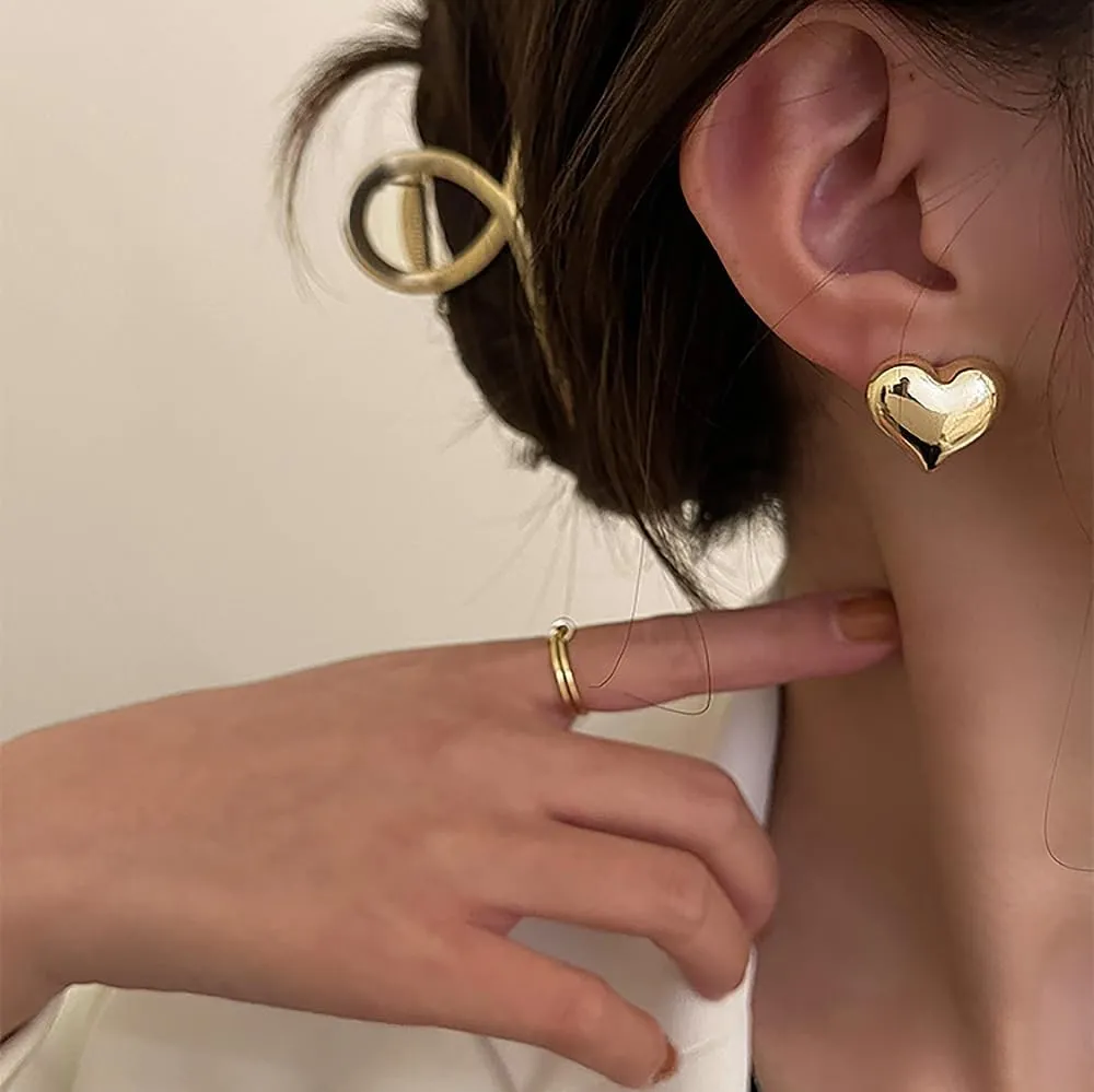 Chunky Gold Heart Studs Earrings for Women,18k Gold Plated Heart Shaped Lover Earring Hypoallergenic Trendy Jewelry for Women