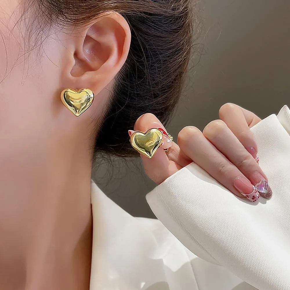 Chunky Gold Heart Studs Earrings for Women,18k Gold Plated Heart Shaped Lover Earring Hypoallergenic Trendy Jewelry for Women