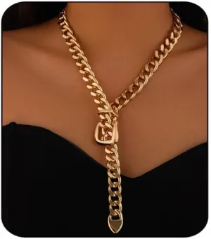 Chunky Gold Necklace for Women Belt Choker Necklace Trendy Cuban Link Chain Necklace Gold Statement Necklace Vintage Heavy Metal Thick Chain Necklace Punk Hip Hop Necklace for Women Men