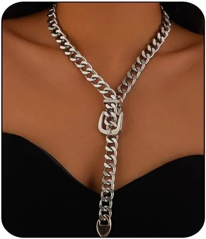 Chunky Gold Necklace for Women Belt Choker Necklace Trendy Cuban Link Chain Necklace Gold Statement Necklace Vintage Heavy Metal Thick Chain Necklace Punk Hip Hop Necklace for Women Men