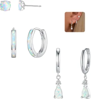 CiNily Opal Earrings Set for Women Hypoallergenic, Opal Stud Huggie Hoop Earrings Silver/Rose Gold Plated Dainty Hoop Huggie Silver Dangle Earring Stacks, Gold Jewelry
