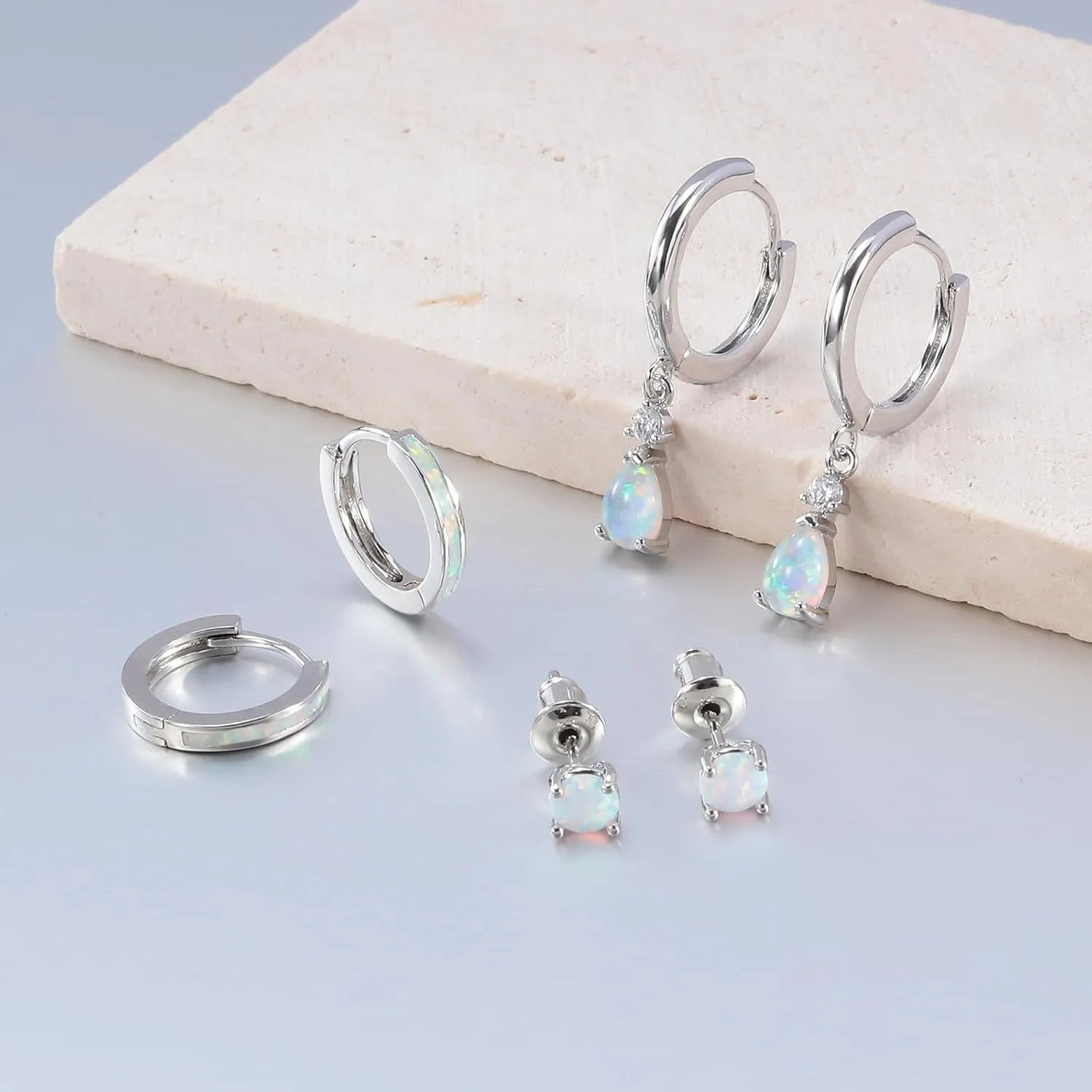 CiNily Opal Earrings Set for Women Hypoallergenic, Opal Stud Huggie Hoop Earrings Silver/Rose Gold Plated Dainty Hoop Huggie Silver Dangle Earring Stacks, Gold Jewelry