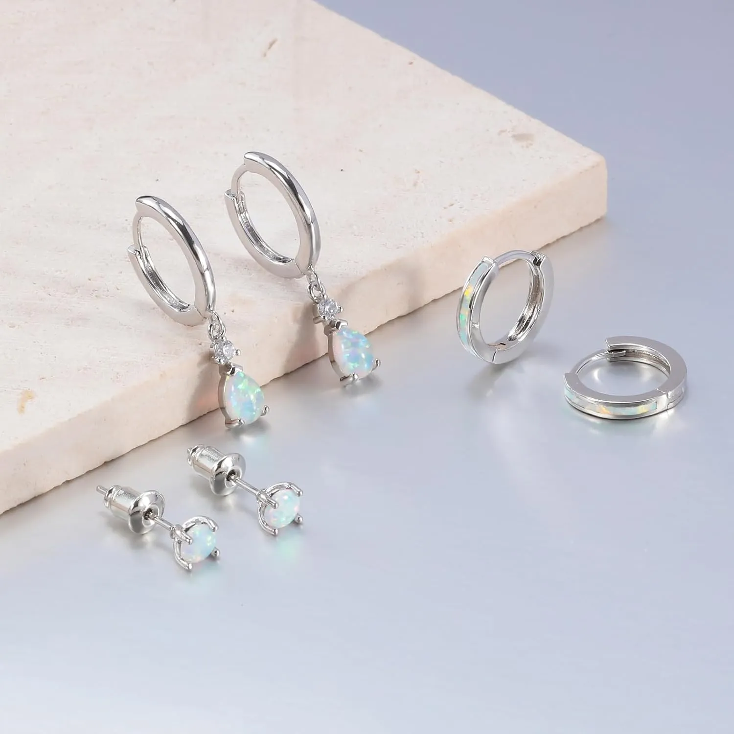 CiNily Opal Earrings Set for Women Hypoallergenic, Opal Stud Huggie Hoop Earrings Silver/Rose Gold Plated Dainty Hoop Huggie Silver Dangle Earring Stacks, Gold Jewelry
