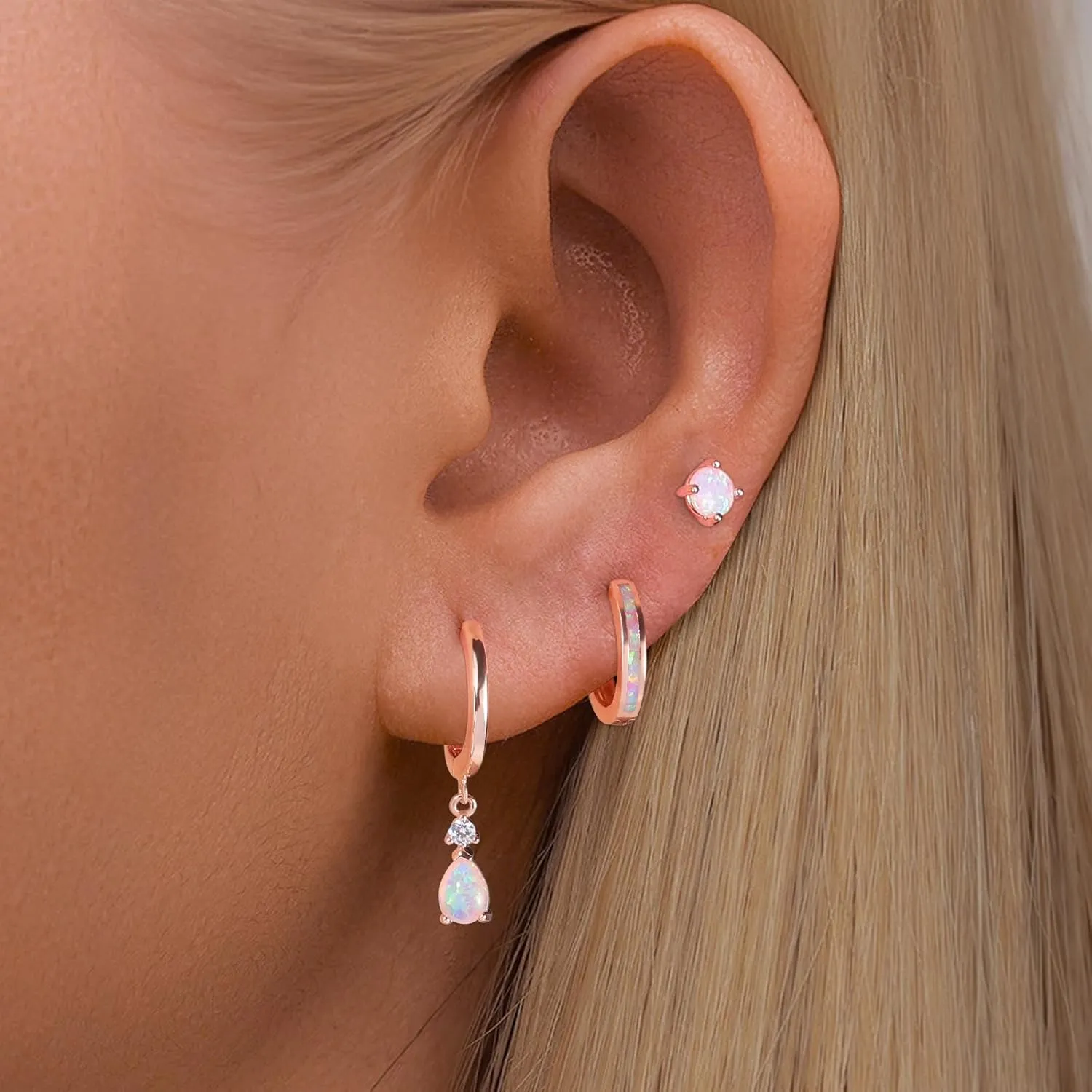 CiNily Opal Earrings Set for Women Hypoallergenic, Opal Stud Huggie Hoop Earrings Silver/Rose Gold Plated Dainty Hoop Huggie Silver Dangle Earring Stacks, Gold Jewelry
