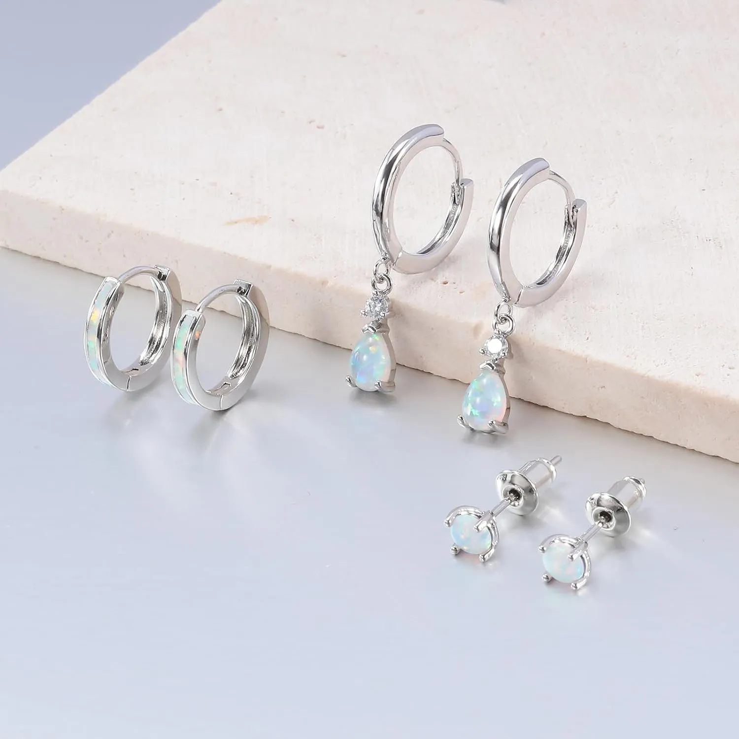 CiNily Opal Earrings Set for Women Hypoallergenic, Opal Stud Huggie Hoop Earrings Silver/Rose Gold Plated Dainty Hoop Huggie Silver Dangle Earring Stacks, Gold Jewelry