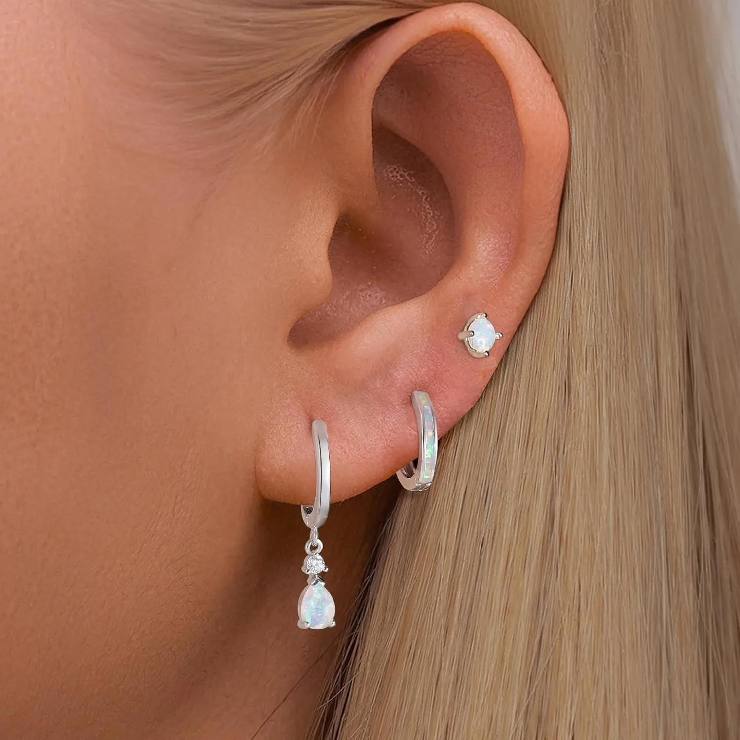 CiNily Opal Earrings Set for Women Hypoallergenic, Opal Stud Huggie Hoop Earrings Silver/Rose Gold Plated Dainty Hoop Huggie Silver Dangle Earring Stacks, Gold Jewelry