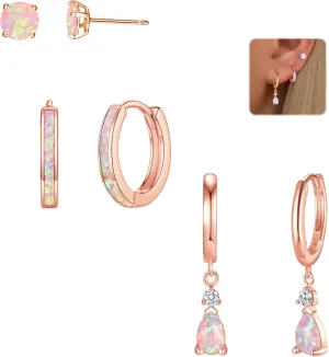 CiNily Opal Earrings Set for Women Hypoallergenic, Opal Stud Huggie Hoop Earrings Silver/Rose Gold Plated Dainty Hoop Huggie Silver Dangle Earring Stacks, Gold Jewelry