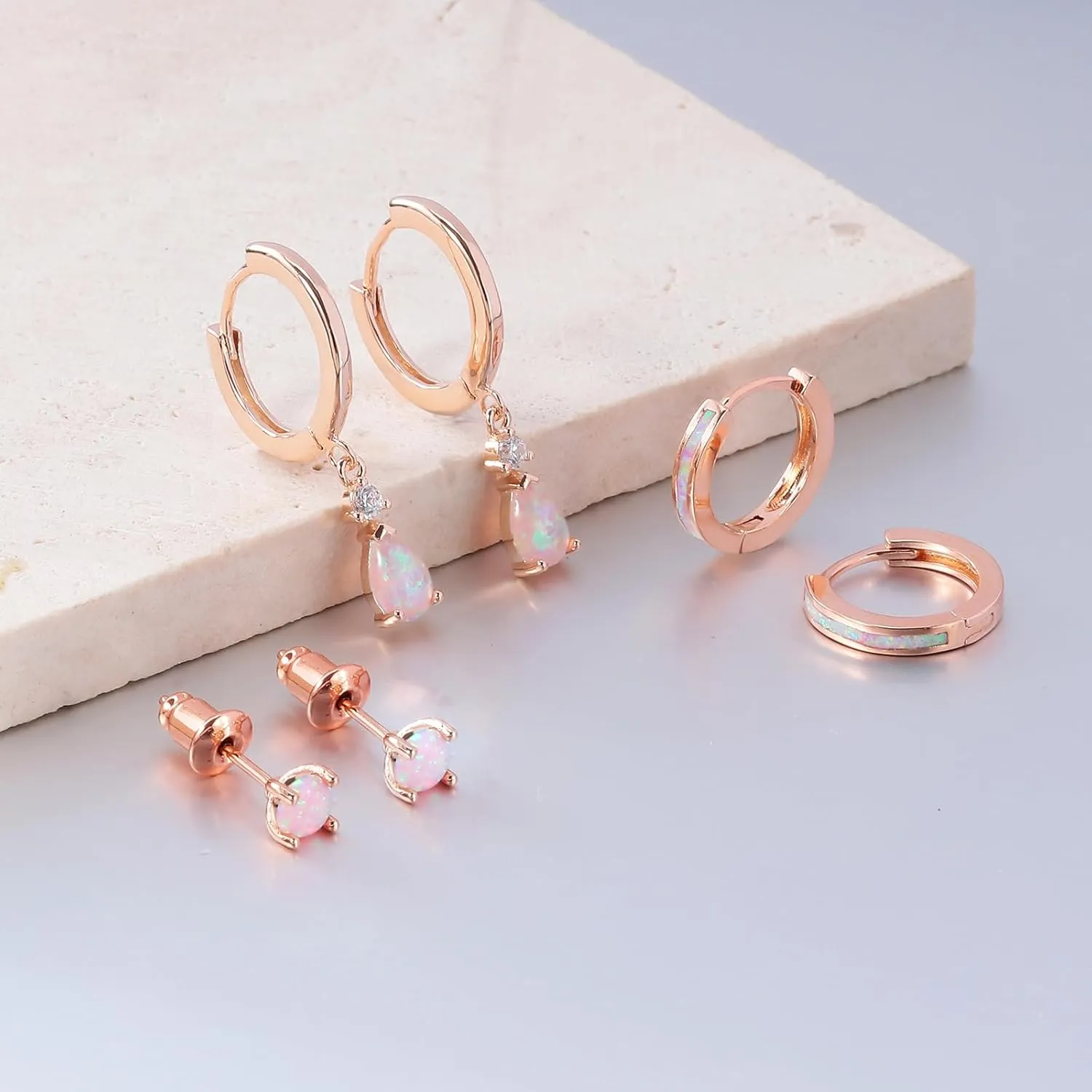 CiNily Opal Earrings Set for Women Hypoallergenic, Opal Stud Huggie Hoop Earrings Silver/Rose Gold Plated Dainty Hoop Huggie Silver Dangle Earring Stacks, Gold Jewelry