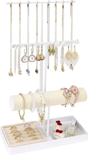 Cirhy Jewlery Holder Necklace Stand, Adjustable Necklace Holder with Velvet Ring Tray, Jewelry Display Rack for Hanging Necklaces, Bracelets, and Earrings, Gifts for Her (White)