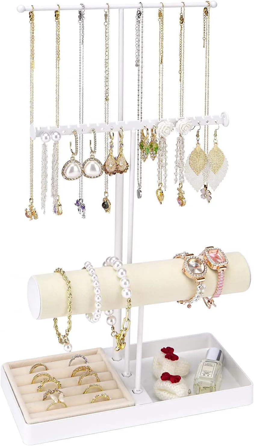 Cirhy Jewlery Holder Necklace Stand, Adjustable Necklace Holder with Velvet Ring Tray, Jewelry Display Rack for Hanging Necklaces, Bracelets, and Earrings, Gifts for Her (White)