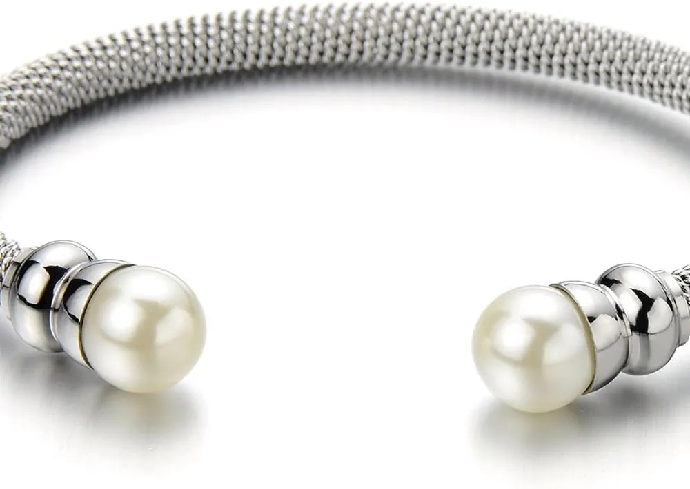 Classic Ladies Stainless Steel Bangle Bracelet with Synthetic White Pearl