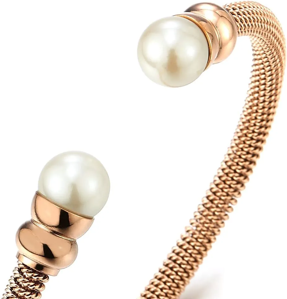 Classic Ladies Stainless Steel Bangle Bracelet with Synthetic White Pearl