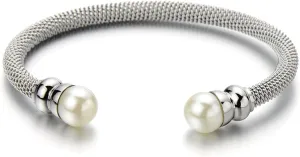 Classic Ladies Stainless Steel Bangle Bracelet with Synthetic White Pearl