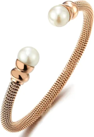 Classic Ladies Stainless Steel Bangle Bracelet with Synthetic White Pearl
