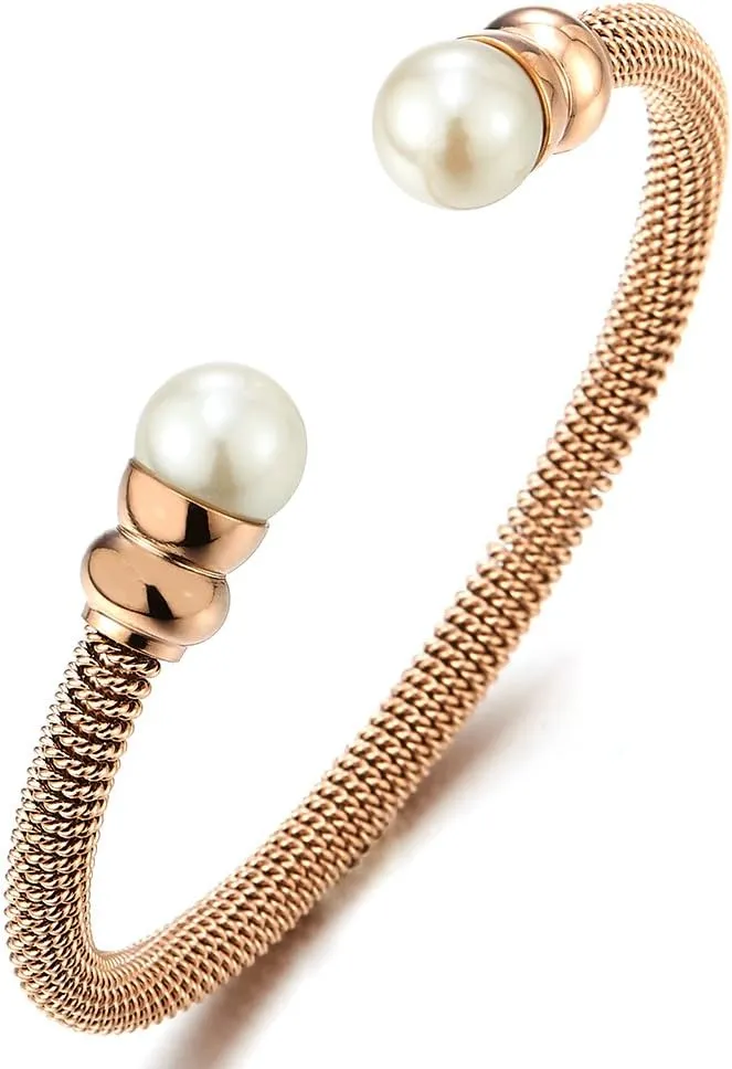 Classic Ladies Stainless Steel Bangle Bracelet with Synthetic White Pearl