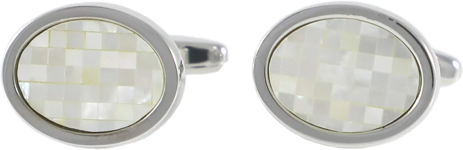 Classic Rhodium Plated Oval Mother of Pearl Mosaic Cufflinks in Box