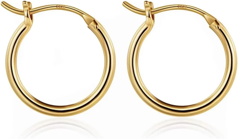 Classic Solid 14K Gold Plated 925 Sterling Silver Skinny Unisex Hypoallergenic Huggie Hoops Earring Lightweight Thin Gold Hoop Earrings 14mm Jewelry Gifts for Men,Women