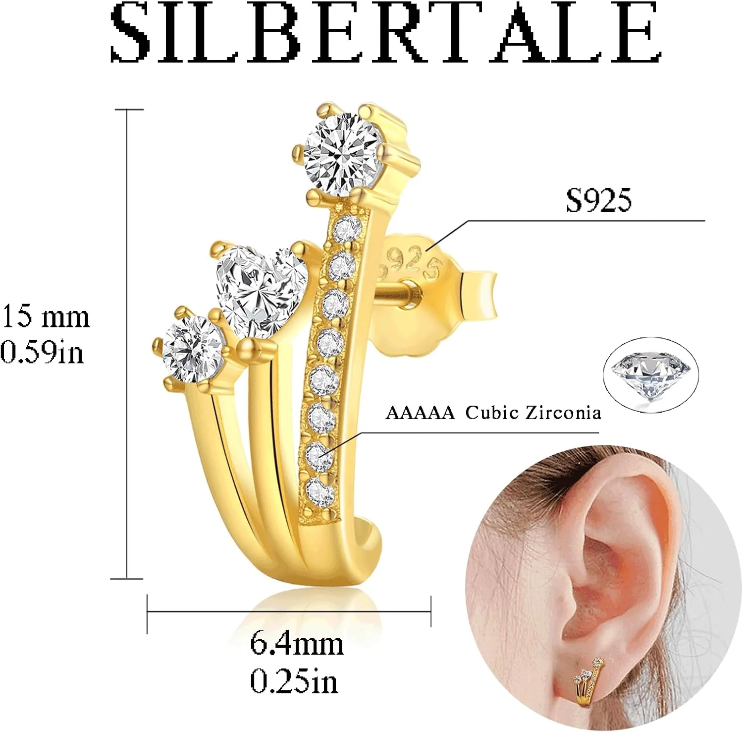 Claw Earrings for Women 925 Sterling Silver Cubic Zirconia Cuff Earrings Piercings Minimalist Claw Huggie Studs
