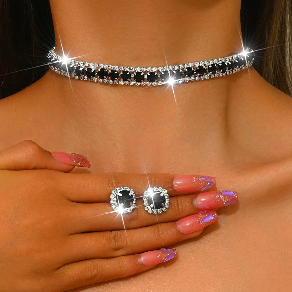 CLOACE Rhinestone Bridal Wedding Jewelry Set Sparkly Chocker Necklaces Earrings Prom Jewelry Accessories for Women
