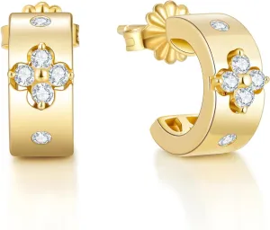Clover Emerald Green Hoop Earrings for Women Gifts Nickel Free with Premium Moissanite (D Color VVS1 Clarity 3EX Cut) S925 Sterling Silver 18K Gold Plated Stack Non Tarnish