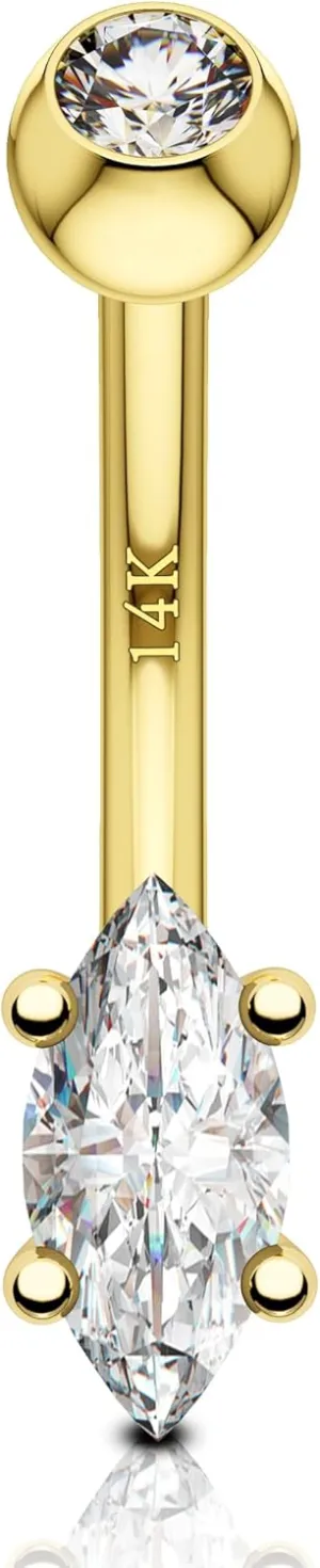 COCHARM 14K Gold Marquise CZ Belly Button Rings - White Yellow Diamond Navel Rings for Women Men - 14G Belly Piercing Jewelry