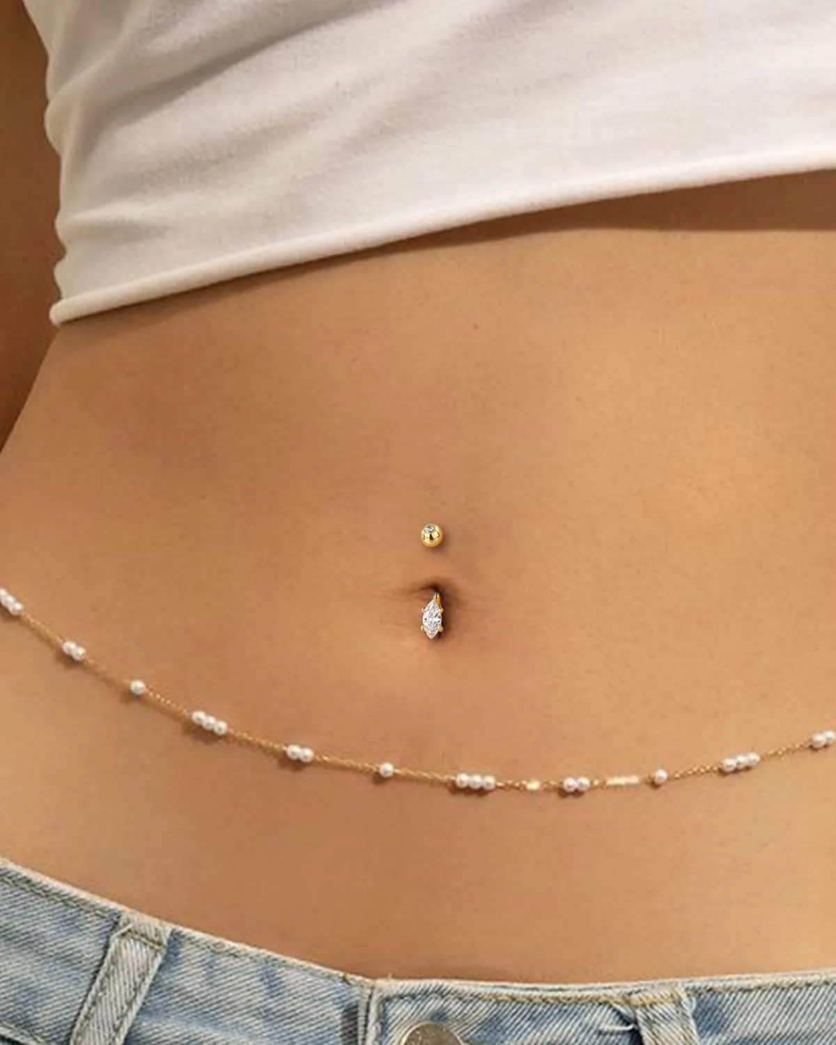 COCHARM 14K Gold Marquise CZ Belly Button Rings - White Yellow Diamond Navel Rings for Women Men - 14G Belly Piercing Jewelry