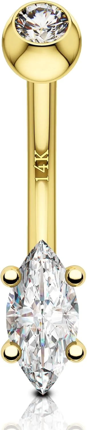 COCHARM 14K Gold Marquise CZ Belly Button Rings - White Yellow Diamond Navel Rings for Women Men - 14G Belly Piercing Jewelry