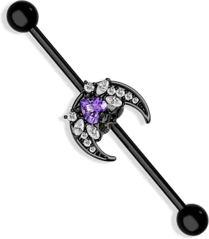 COCHARM Black Moon Industrial Earrings 14g Purple CZ Halloween Industrial Bar Piercing Spoooky Industrial Earring, Halloween Industrial Piercing Jewelry